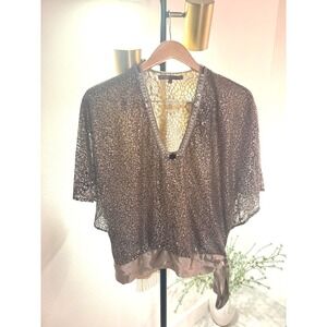 Hale Bob tunic airy vneck silk beads embellished metallic animal print SM loose
